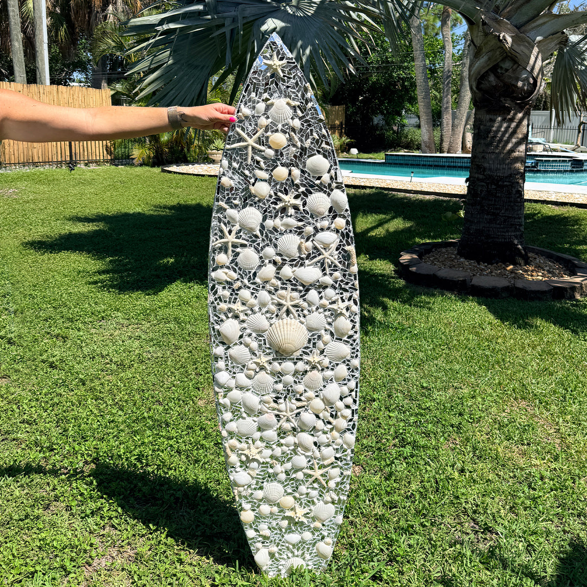 Mirrored Disco Seashell Surfboard Wall Art - 5 Feet